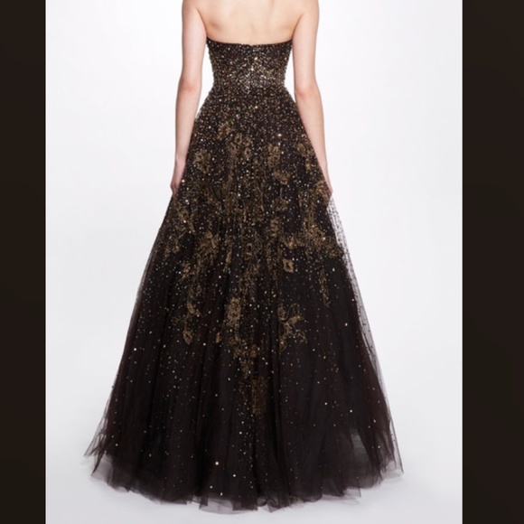 Marchesa Strapless Floral-Beaded Sequin Tulle Ballgown Chocolate US 10 - Picture 3 of 3